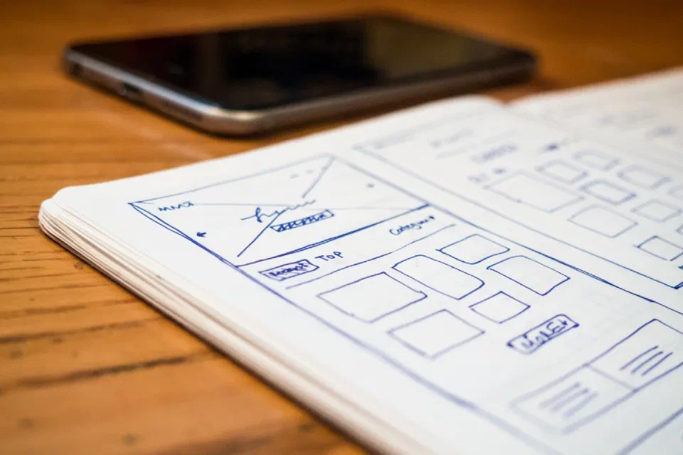A notebook of hand-drawn website page layouts beside a phone
